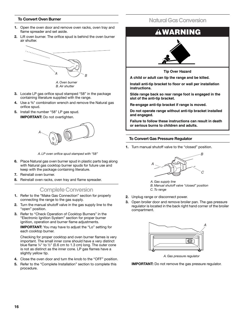 Warning, Complete conversion, Natural gas conversion | Whirlpool Freestanding Gas Range W10531342A User Manual | Page 16 / 20