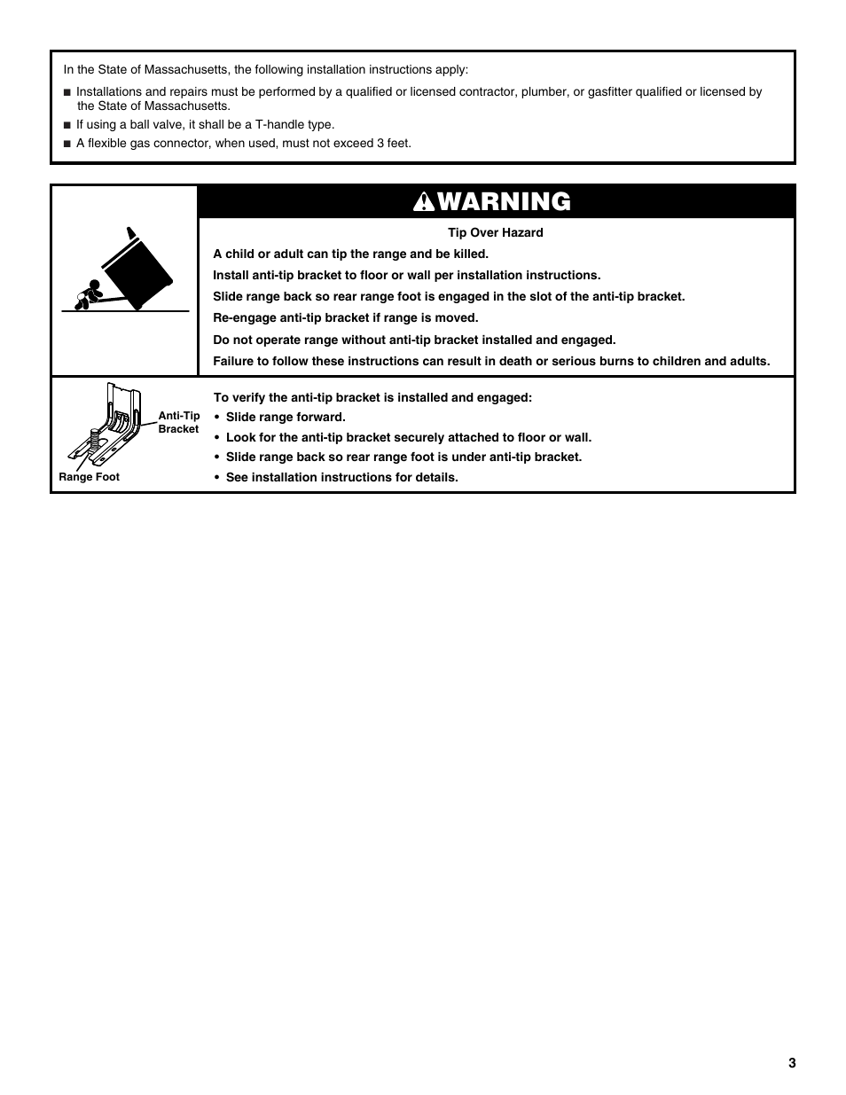 Warning | Whirlpool Freestanding Gas Range W10531342A User Manual | Page 3 / 20