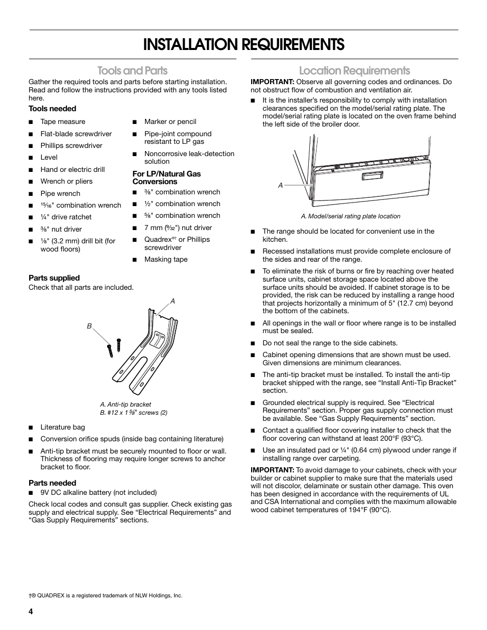 Installation requirements, Tools and parts, Location requirements | Whirlpool Freestanding Gas Range W10531342A User Manual | Page 4 / 20