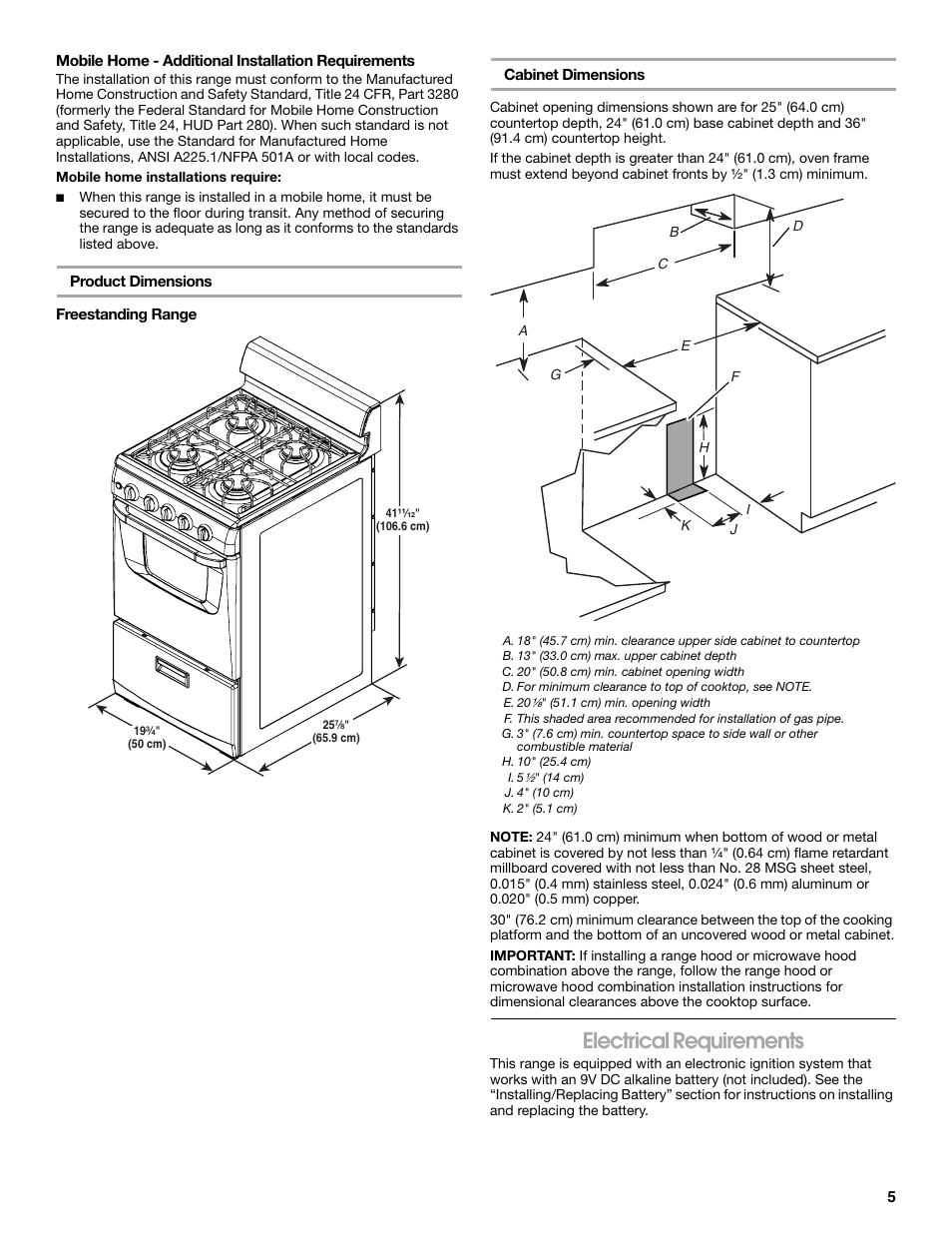 Electrical requirements | Whirlpool Freestanding Gas Range W10531342A User Manual | Page 5 / 20