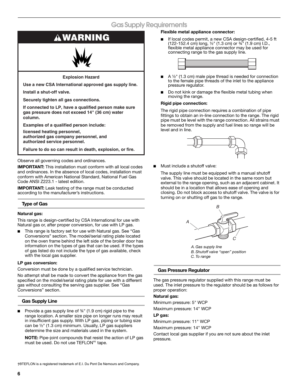 Warning, Gas supply requirements | Whirlpool Freestanding Gas Range W10531342A User Manual | Page 6 / 20