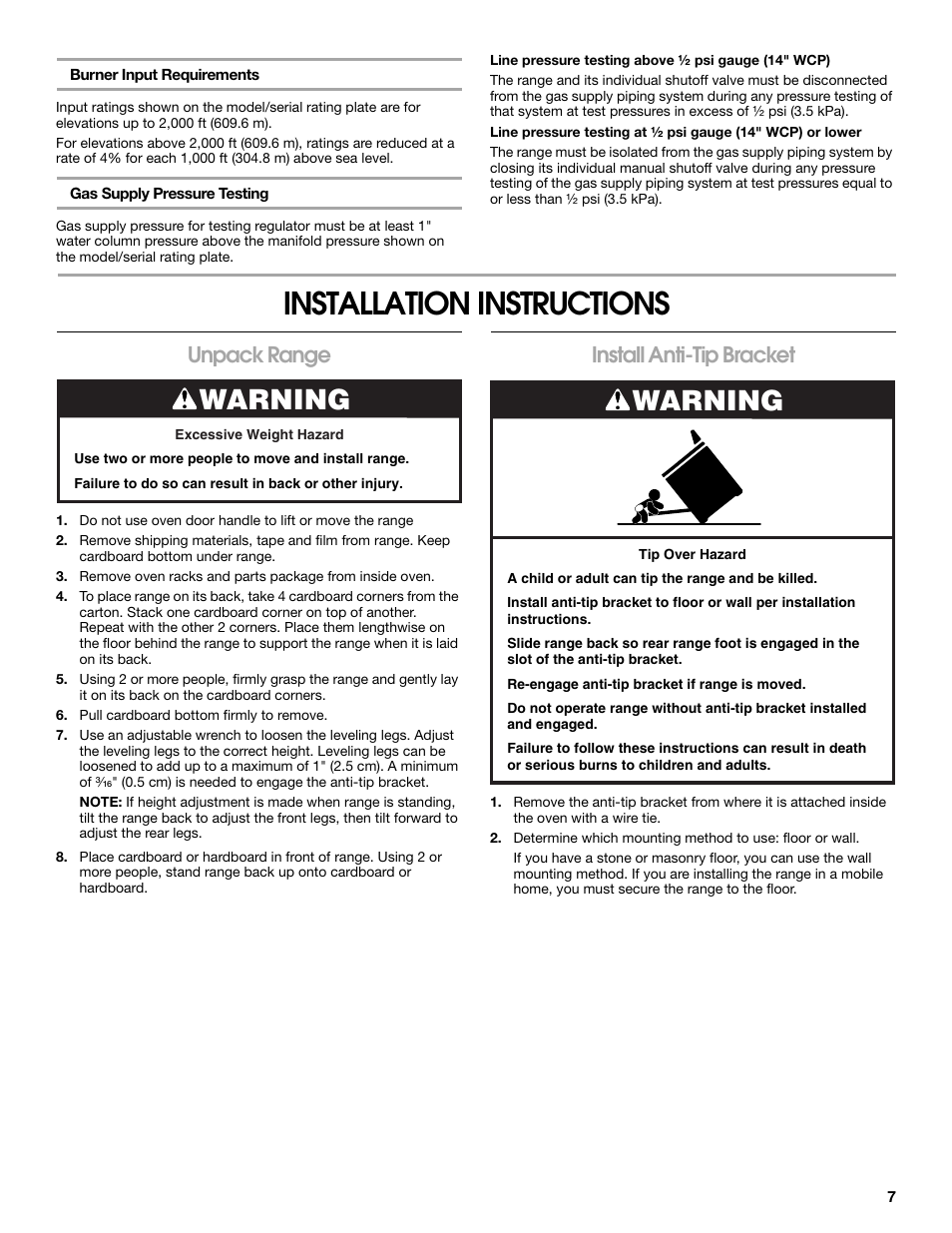 Installation instructions, Warning, Unpack range | Install anti-tip bracket | Whirlpool Freestanding Gas Range W10531342A User Manual | Page 7 / 20