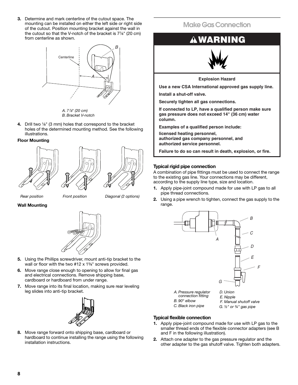 Warning, Make gas connection | Whirlpool Freestanding Gas Range W10531342A User Manual | Page 8 / 20