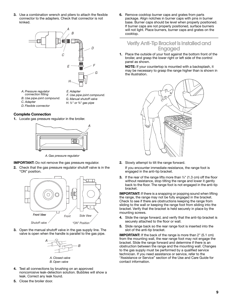 Verify anti-tip bracket is installed and engaged | Whirlpool Freestanding Gas Range W10531342A User Manual | Page 9 / 20