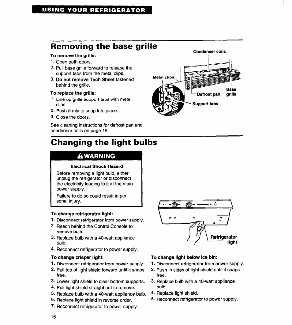 Removing the base grille, Changing the light bulbs, Awarning | Whirlpool 4VED29DQ User Manual | Page 16 / 24