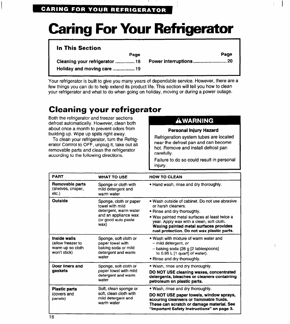 Caring for your refrigerator, Cleaning your refrigerator, Warning | Whirlpool 4VED29DQ User Manual | Page 18 / 24