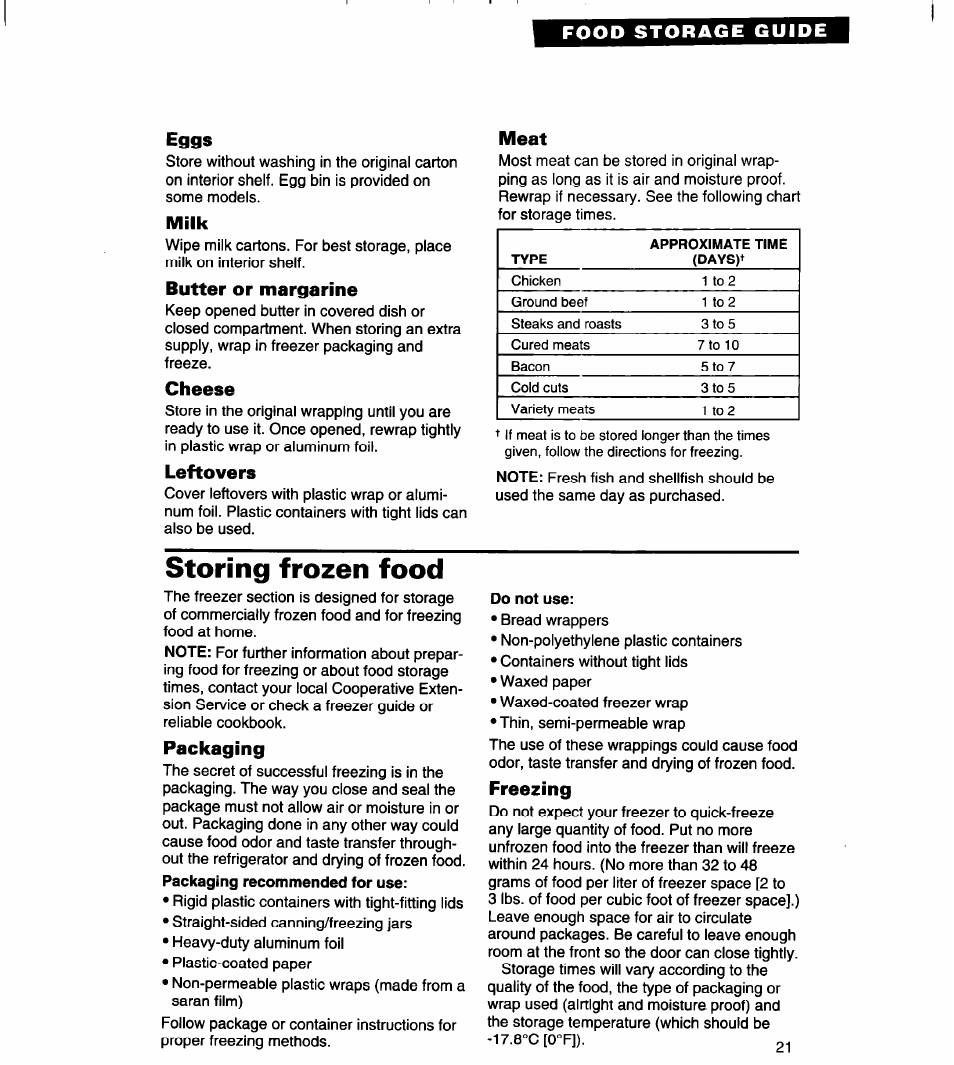 Food storage guide, Eggs, Milk | Butter or margarine, Cheese, Leftovers, Storing frozen food, Packaging, Freezing | Whirlpool 4VED29DQ User Manual | Page 21 / 24