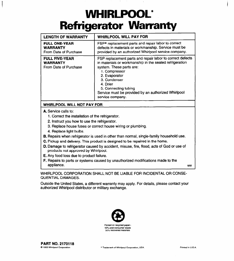 Whirlpool* refrigerator warranty, Part no. 2170118 | Whirlpool 4VED29DQ User Manual | Page 24 / 24