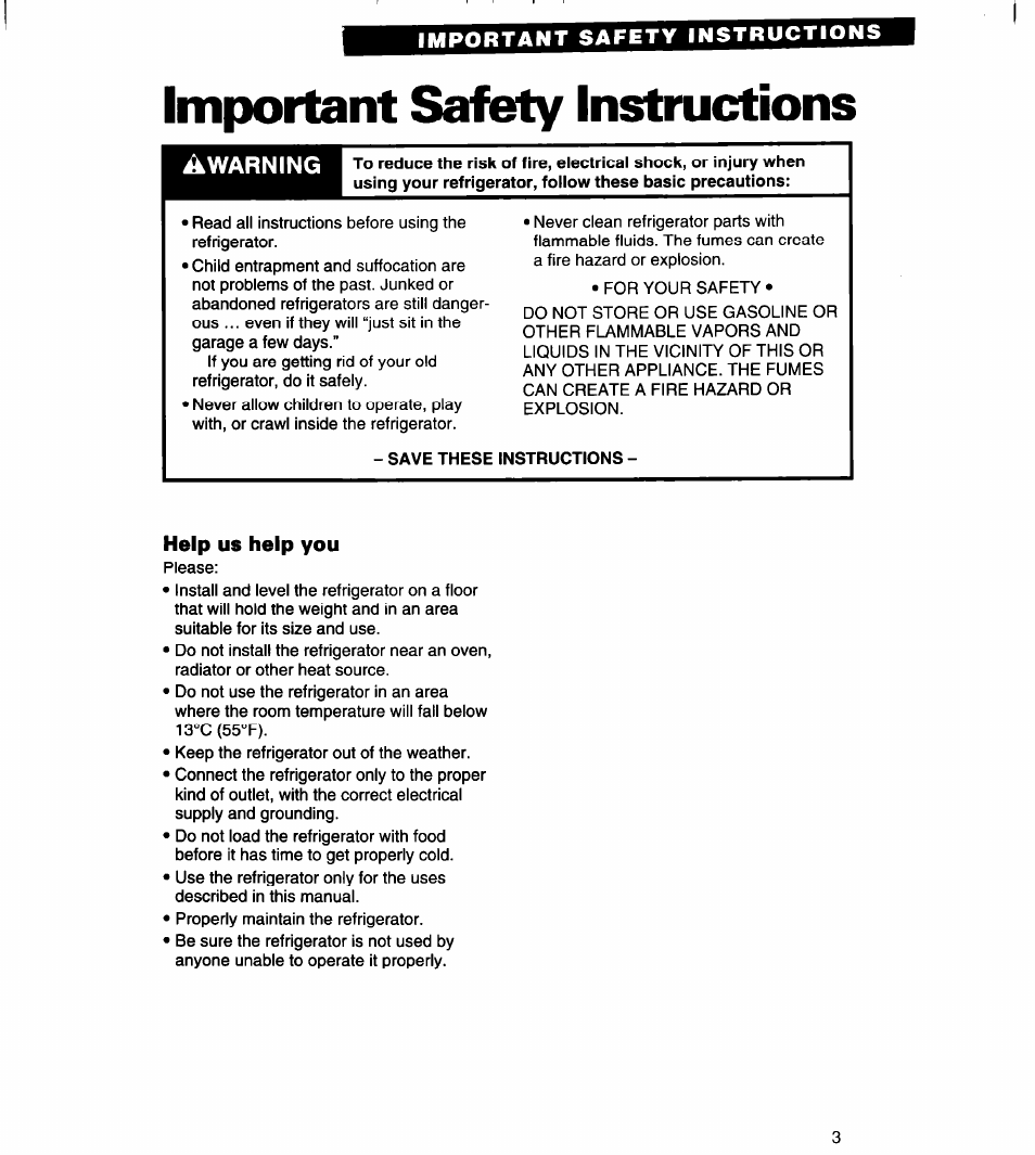 Important safety instructions, Save these instructions, Warning | Whirlpool 4VED29DQ User Manual | Page 3 / 24