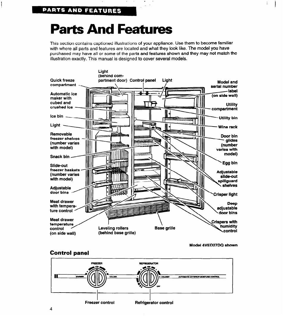 Parts and features | Whirlpool 4VED29DQ User Manual | Page 4 / 24