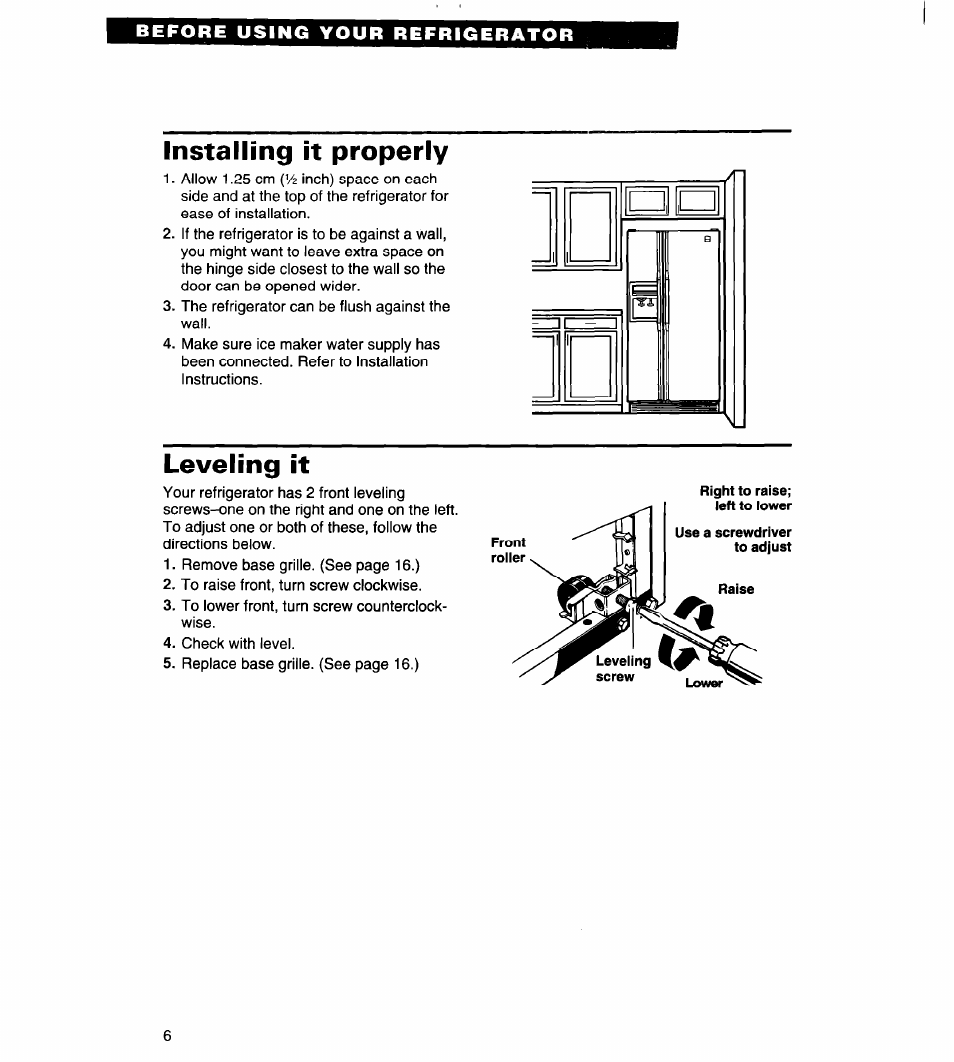 Installing it properly, Leveling it | Whirlpool 4VED29DQ User Manual | Page 6 / 24