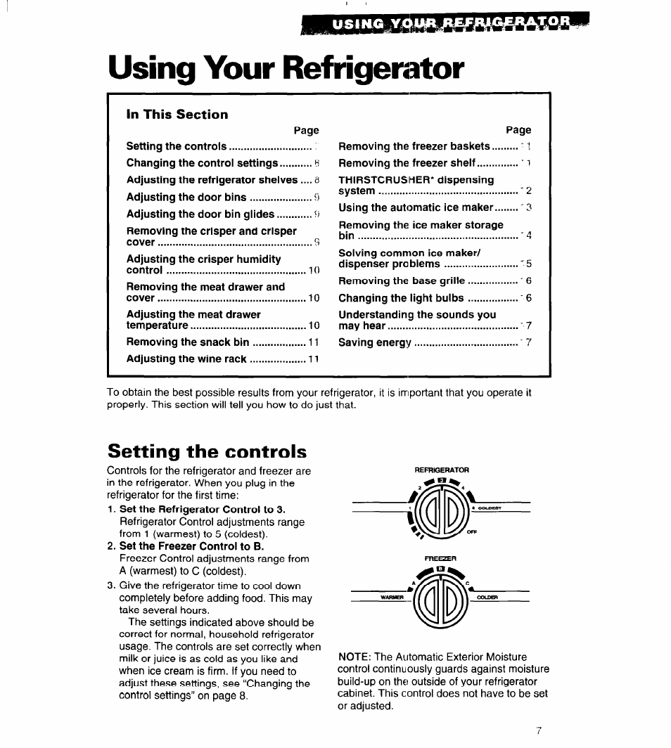 Using your refrigerator, Setting the controls | Whirlpool 4VED29DQ User Manual | Page 7 / 24