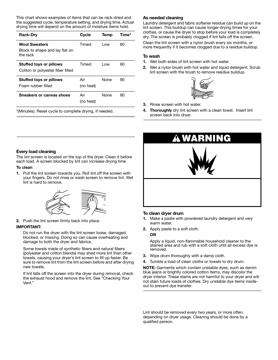 Dryer care, Cleaning the lint screen, Cleaning the dryer interior | Whirlpool 3HLER5437JQ0 User Manual | Page 10 / 24