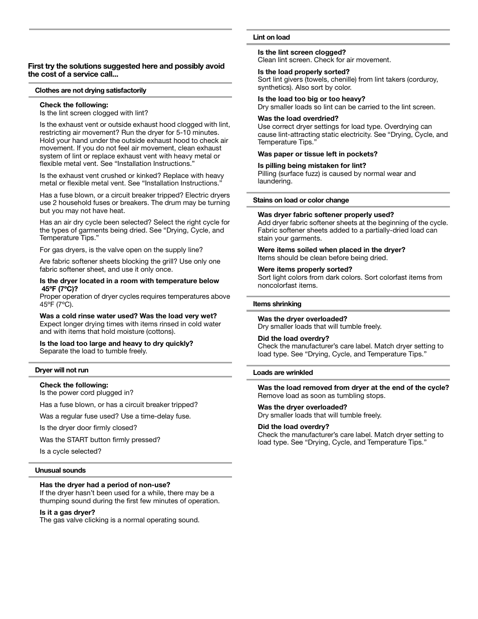 Troubleshooting | Whirlpool 3HLER5437JQ0 User Manual | Page 11 / 24