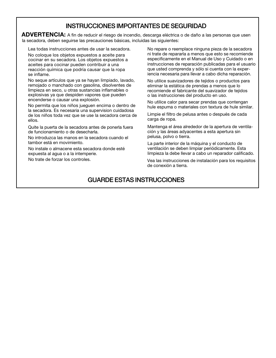 Instrucciones importantes de seguridad, Guarde estas instrucciones, Advertencia | Whirlpool 3HLER5437JQ0 User Manual | Page 14 / 24