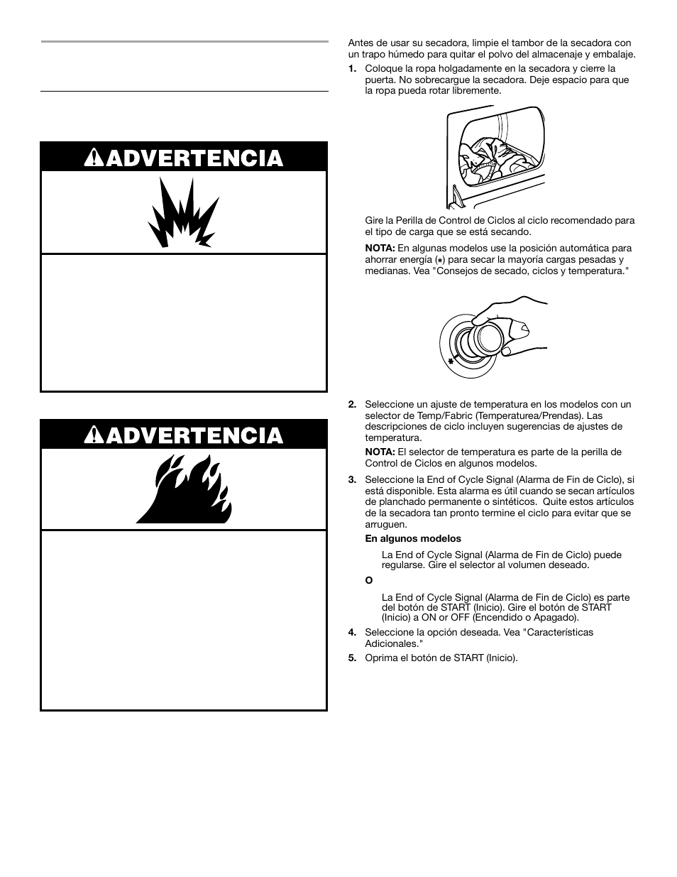 Uso de su secadora, Puesta en marcha de su secadora | Whirlpool 3HLER5437JQ0 User Manual | Page 17 / 24