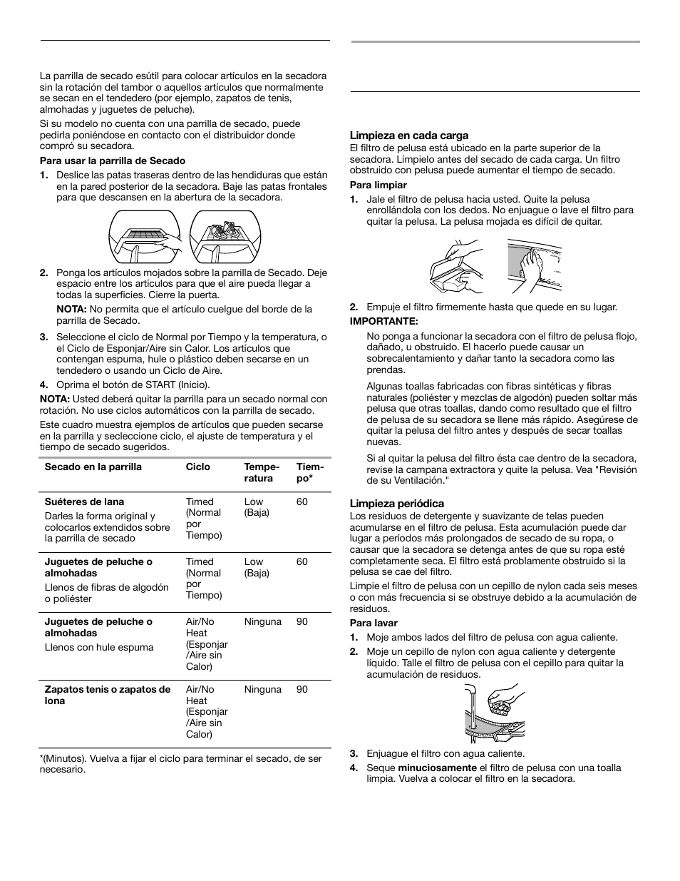 Cuidado de la secadora, Parrilla de secado (opcional), Limpieza del filtro de pelusa | Whirlpool 3HLER5437JQ0 User Manual | Page 20 / 24