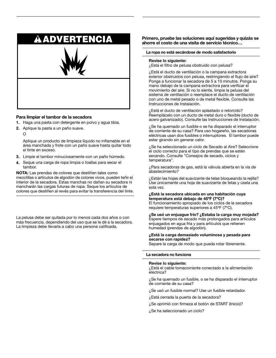 Solución de problemas, Advertencia, Limpieza del interior de la secadora | Whirlpool 3HLER5437JQ0 User Manual | Page 21 / 24