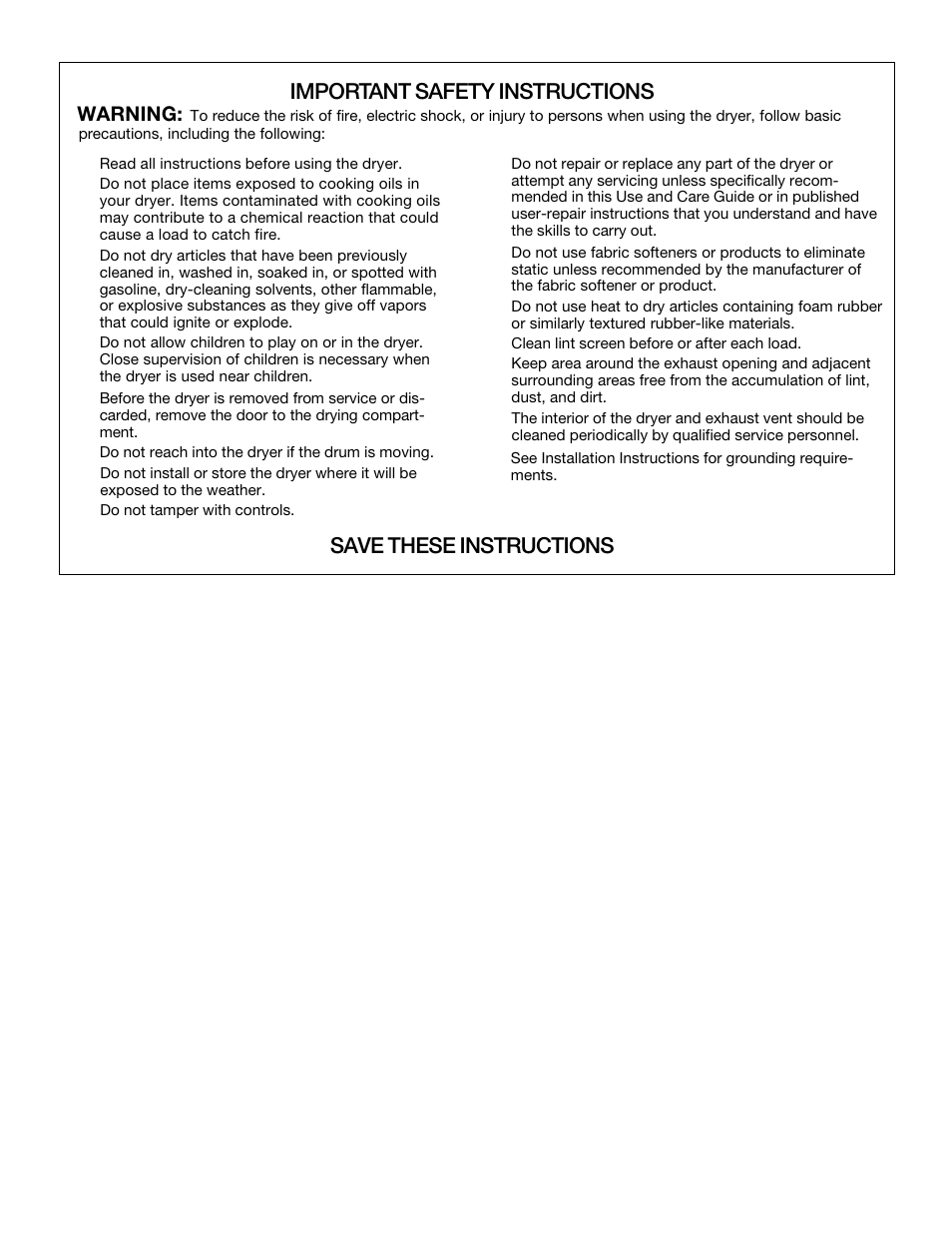 Important safety instructions, Save these instructions, Warning | Whirlpool 3HLER5437JQ0 User Manual | Page 4 / 24