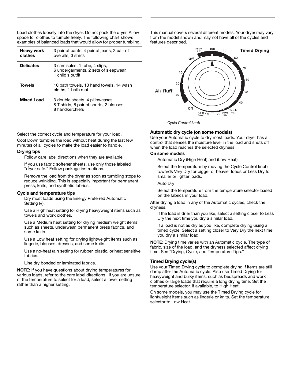 Loading clothes, Drying, cycle, and temperature tips, Cycle descriptions | Whirlpool 3HLER5437JQ0 User Manual | Page 8 / 24