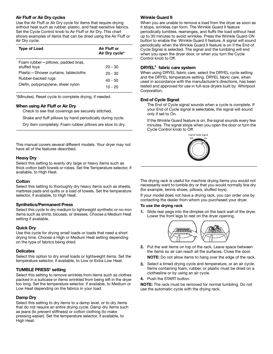 Additional features, Drying rack (optional) | Whirlpool 3HLER5437JQ0 User Manual | Page 9 / 24