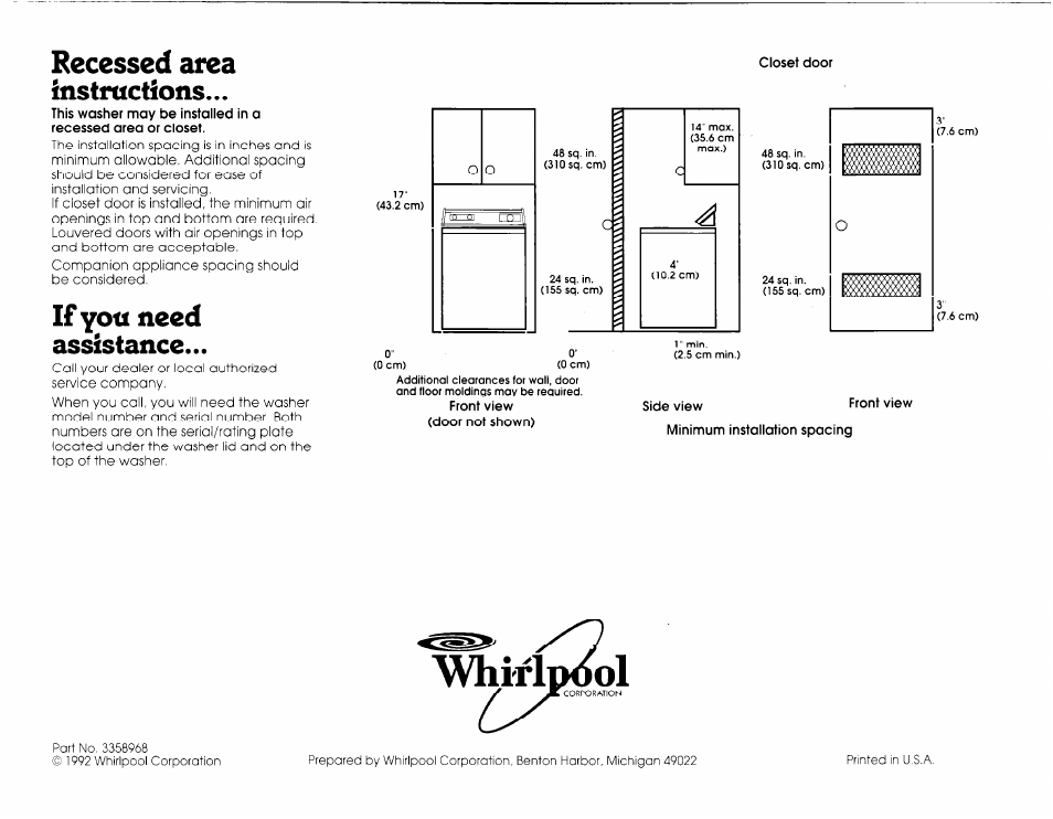 Recessed area instructions, If you need assistance, Aivhirlp<m)l | Whirlpool 3358968 User Manual | Page 5 / 5