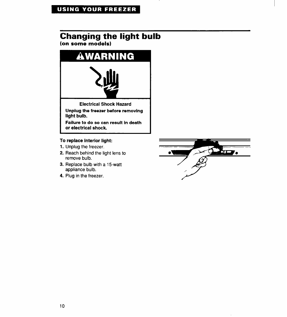 Changing the light bulb, On some models), Awarning | Whirlpool 2165306 User Manual | Page 10 / 16