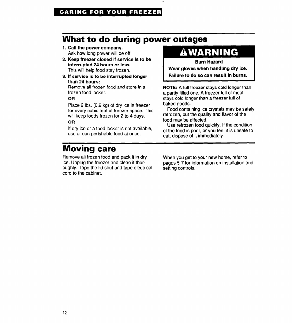 Moving care, Àwarning, What to do during power outages | Whirlpool 2165306 User Manual | Page 12 / 16