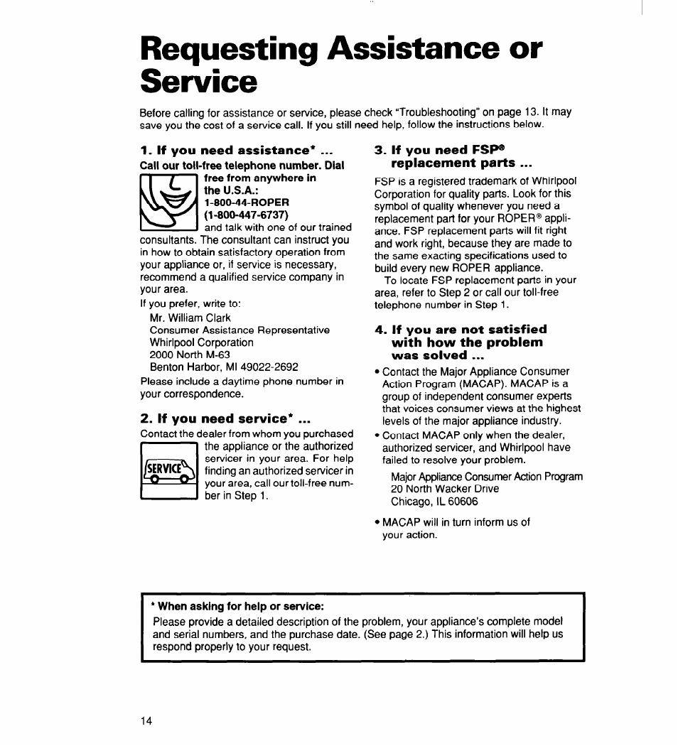 Requesting assistance or service, If you need assistance, If you need service | If you need fsp® replacement parts | Whirlpool 2165306 User Manual | Page 14 / 16