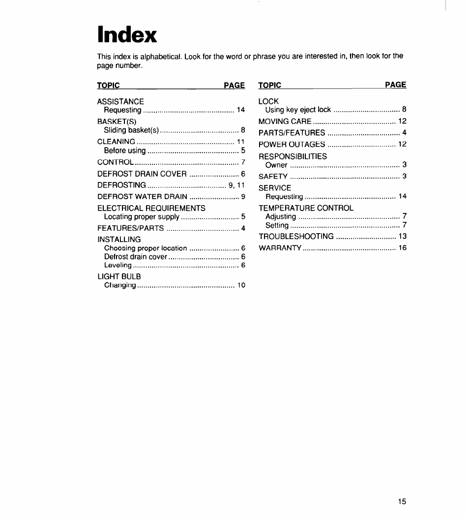Index | Whirlpool 2165306 User Manual | Page 15 / 16