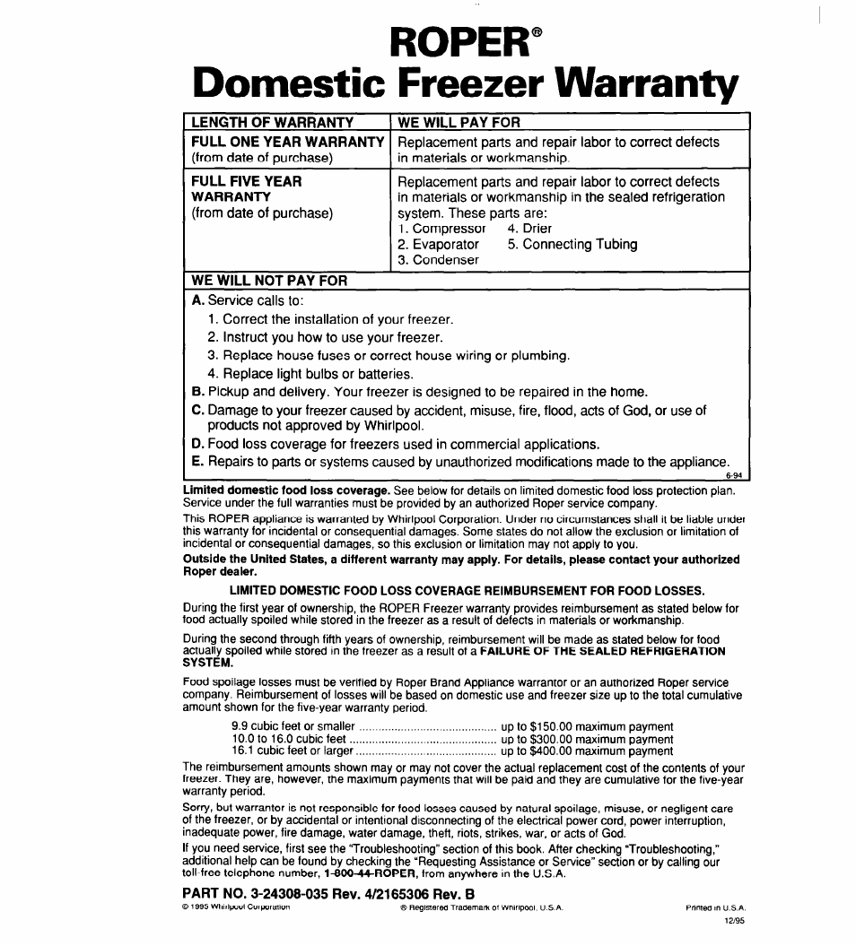 Ropera, Domestic freezer warranty, Ropera domestic freezer warranty | Whirlpool 2165306 User Manual | Page 16 / 16