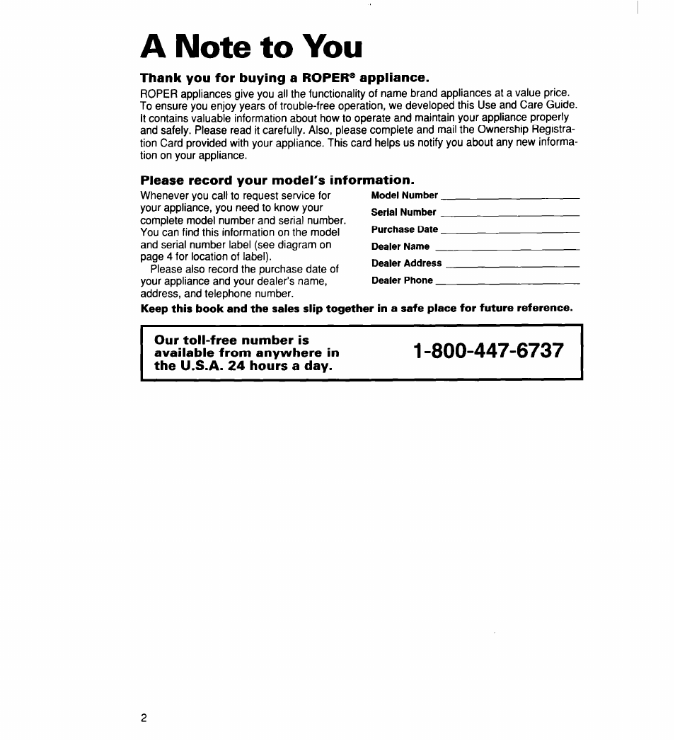 A note to you, Thank you for buying a roper® appliance, Please record your model's information | Whirlpool 2165306 User Manual | Page 2 / 16