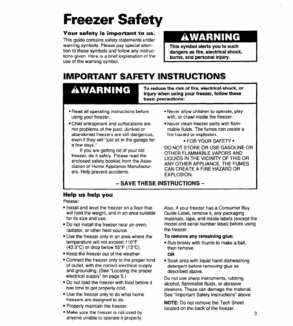 Freezer safety, Your safety is important to us, Important safety instructions | Save these instructions, Help us help you, Awarning, Warning | Whirlpool 2165306 User Manual | Page 3 / 16