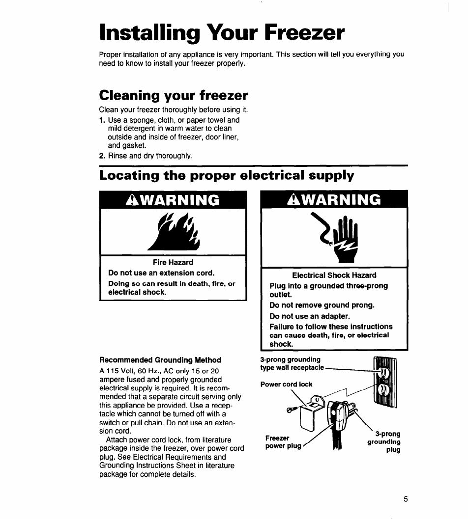 Cleaning your freezer, Locating the proper electrical supply, Installing your freezer | Warning | Whirlpool 2165306 User Manual | Page 5 / 16