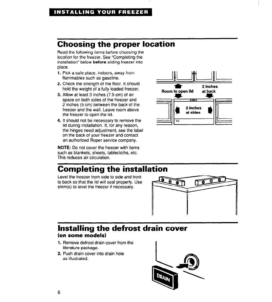 Choosing the proper location, Completing the installation, Installing the defrost drain cover | On some models) | Whirlpool 2165306 User Manual | Page 6 / 16