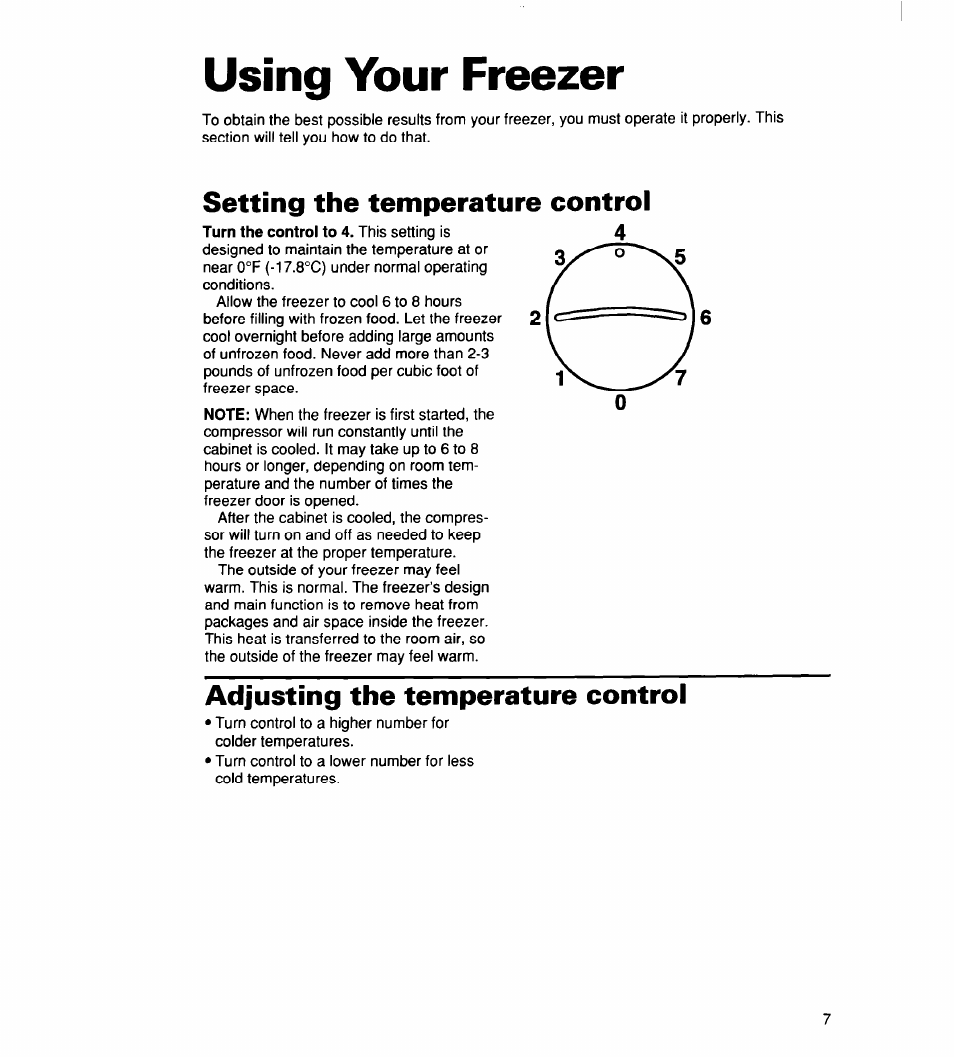 Adjusting the temperature control, Using your freezer, Setting the temperature control | Whirlpool 2165306 User Manual | Page 7 / 16