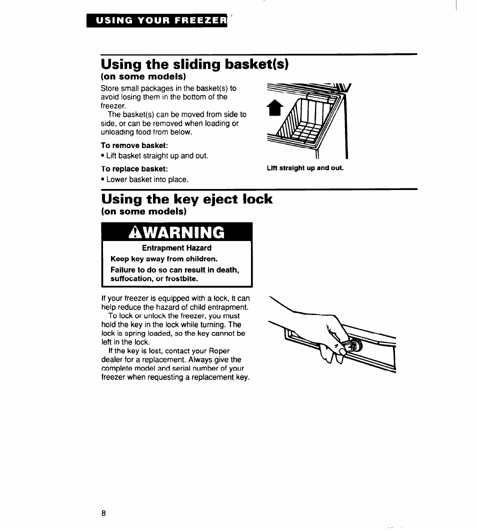 Using the sliding basket(s), On some models), Using the key eject lock | A warning | Whirlpool 2165306 User Manual | Page 8 / 16