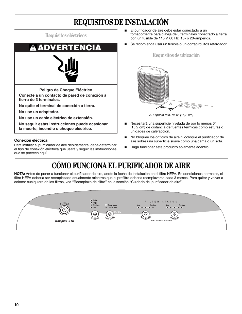 Requisitos de instalación, Cómo funciona el purificador de aire, Advertencia | Requisitos eléctricos, Requisitos de ubicación | Whirlpool Whispure Air Purifier User Manual | Page 10 / 20