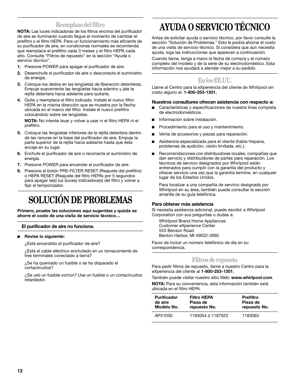 Solución de problemas, Ayuda o servicio técnico, Reemplazo del filtro | En los ee.uu, Filtros de repuesto | Whirlpool Whispure Air Purifier User Manual | Page 12 / 20