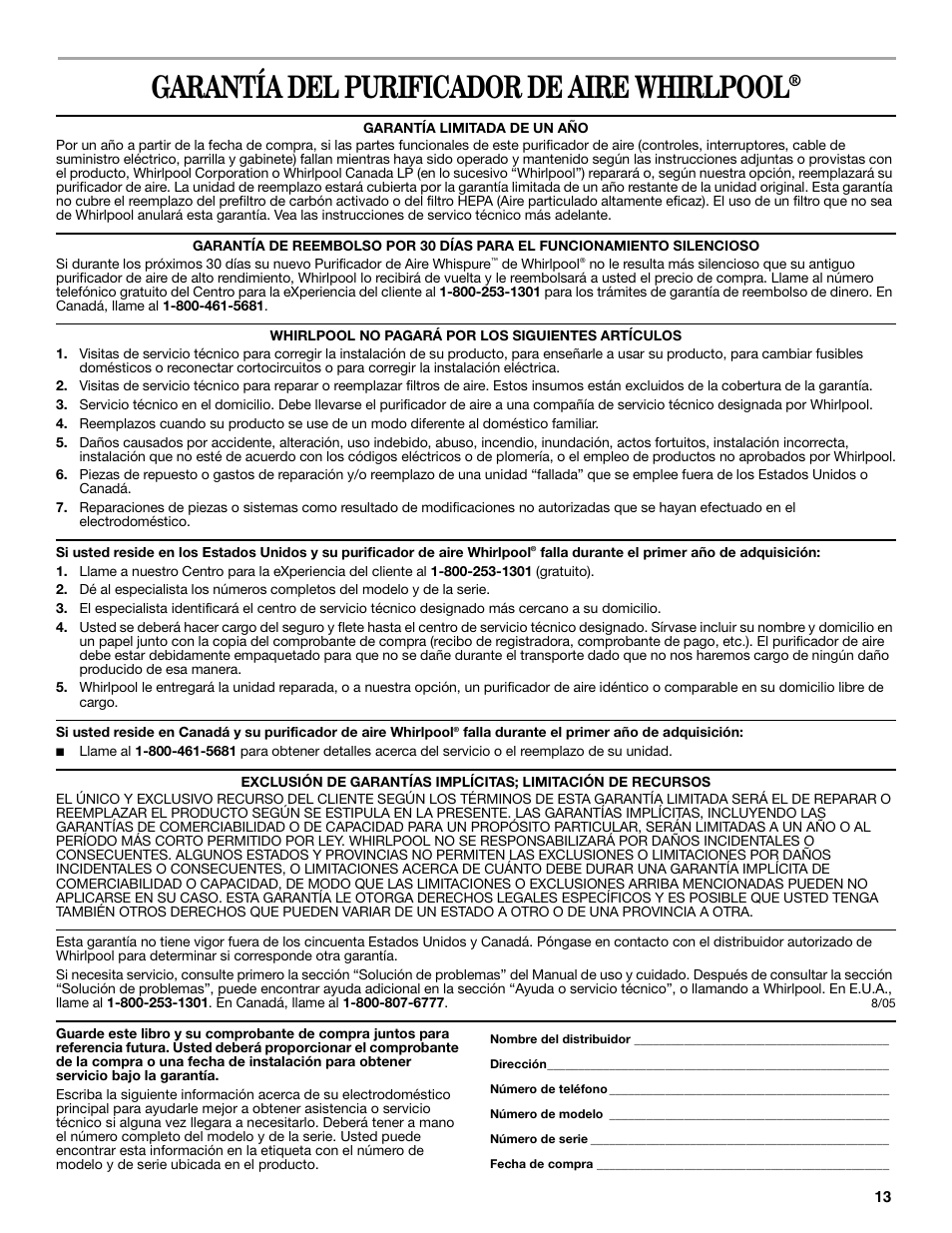 Garantía del purificador de aire whirlpool | Whirlpool Whispure Air Purifier User Manual | Page 13 / 20