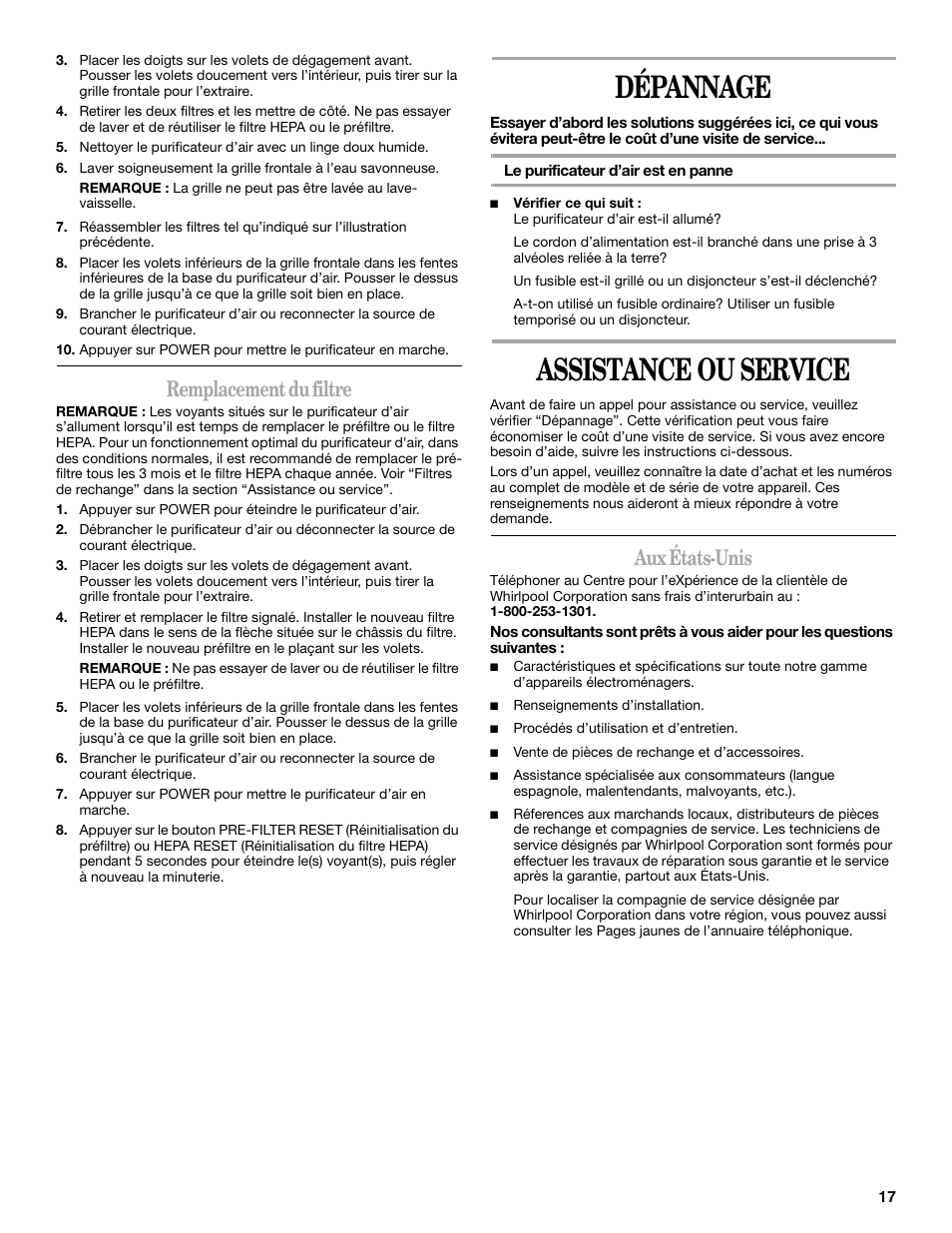 Dépannage, Assistance ou service, Remplacement du filtre | Aux états-unis | Whirlpool Whispure Air Purifier User Manual | Page 17 / 20