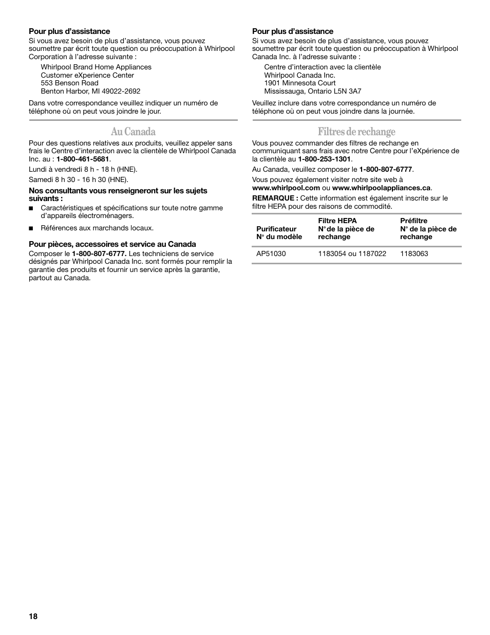 Au canada, Filtres de rechange | Whirlpool Whispure Air Purifier User Manual | Page 18 / 20
