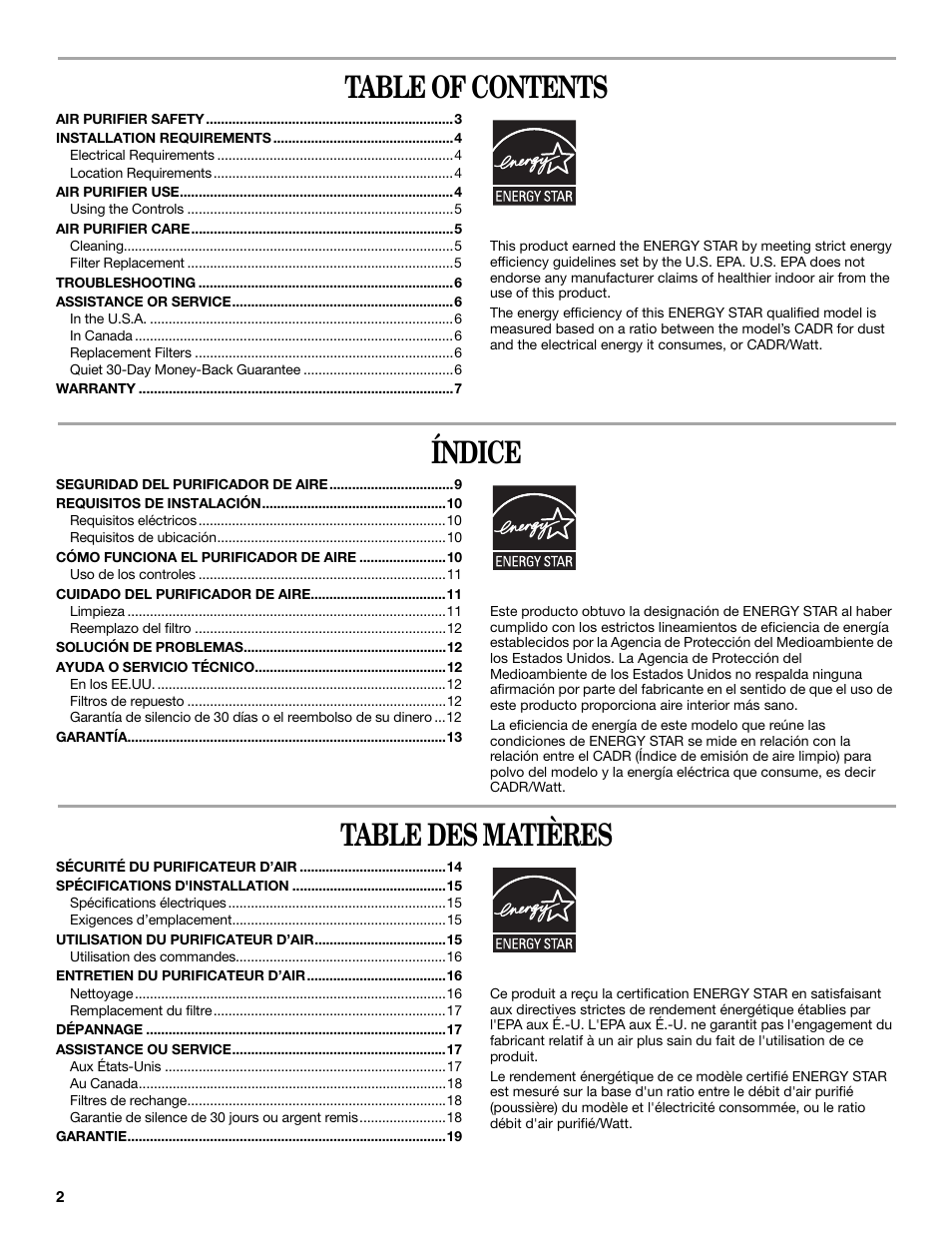 Whirlpool Whispure Air Purifier User Manual | Page 2 / 20