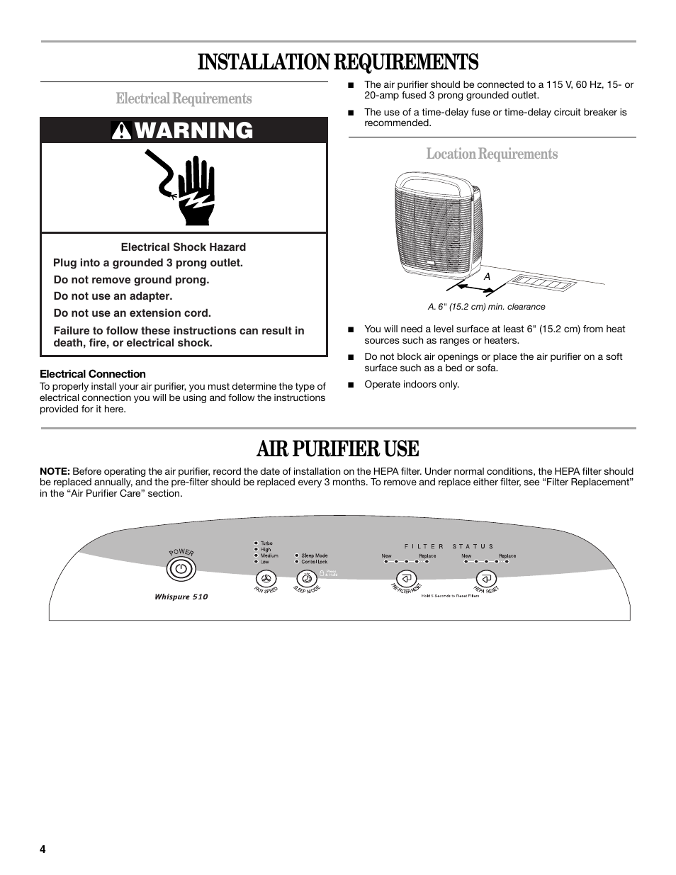 Installation requirements, Air purifier use, Warning | Electrical requirements, Location requirements | Whirlpool Whispure Air Purifier User Manual | Page 4 / 20