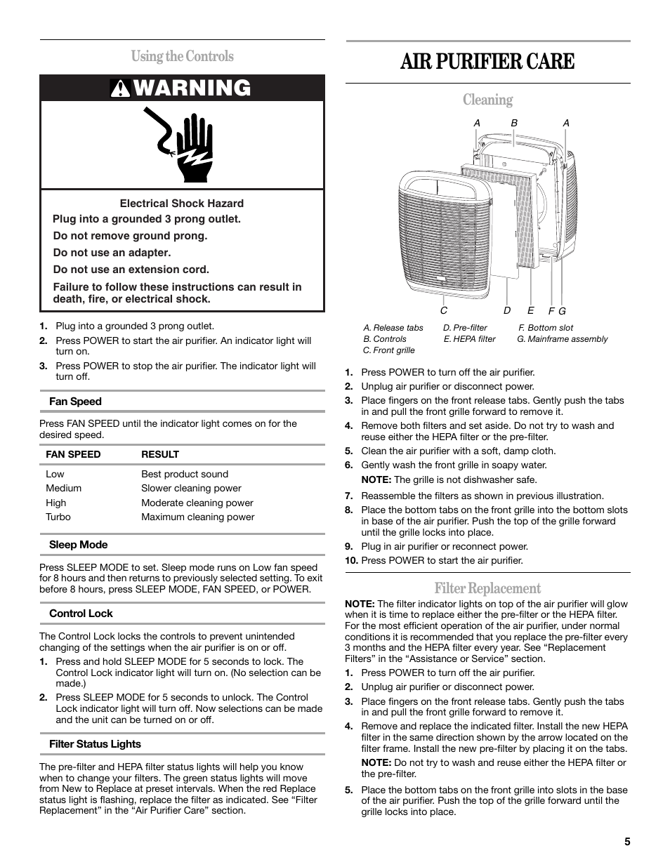 Air purifier care, Warning, Using the controls | Cleaning, Filter replacement | Whirlpool Whispure Air Purifier User Manual | Page 5 / 20