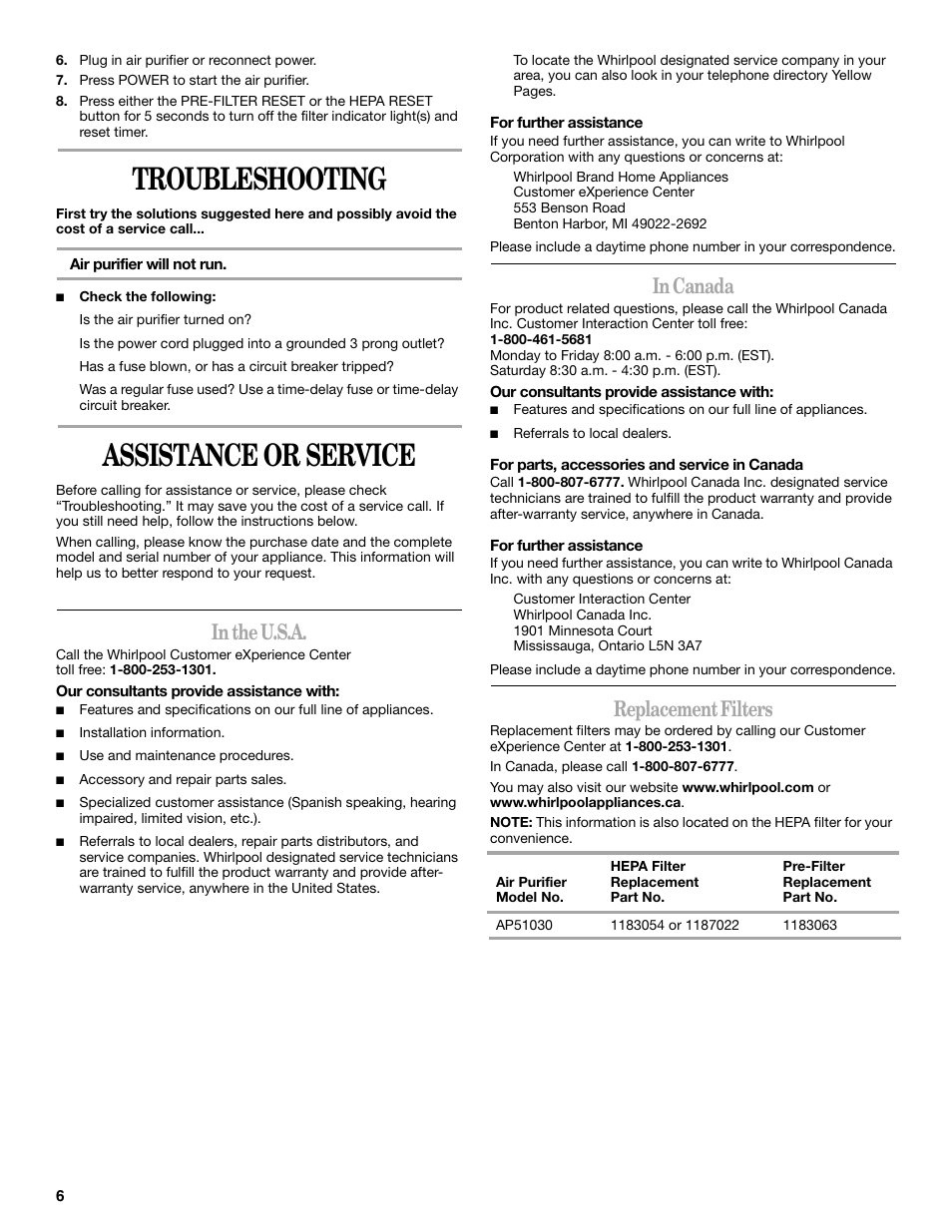 Troubleshooting, Assistance or service, Replacement filters | Whirlpool Whispure Air Purifier User Manual | Page 6 / 20