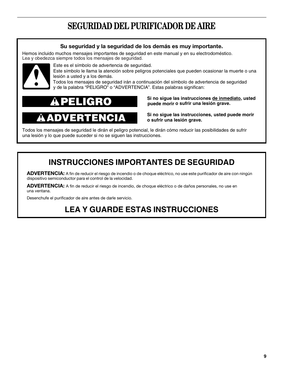 Peligro, Advertencia, Seguridad del purificador de aire | Whirlpool Whispure Air Purifier User Manual | Page 9 / 20