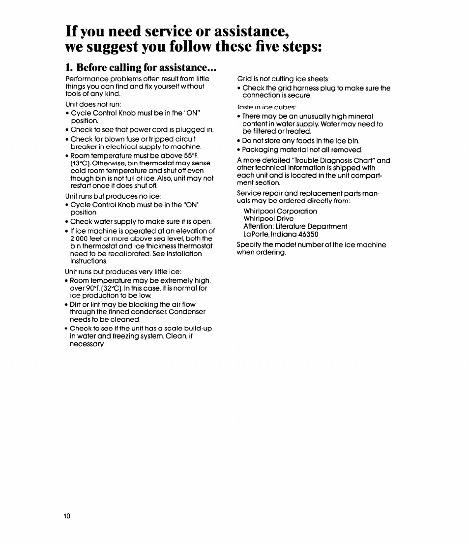 Before calling for assistance | Whirlpool EC5100 User Manual | Page 10 / 12