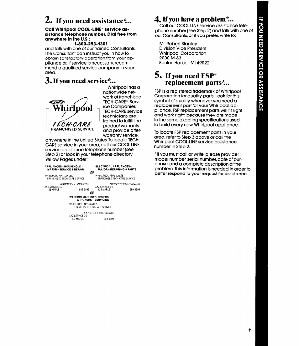 If you need assistanee, If you need service, If you have a problem | If you need fsp® replacement parts, Whirlpool, Rfc^-ca^f | Whirlpool EC5100 User Manual | Page 11 / 12