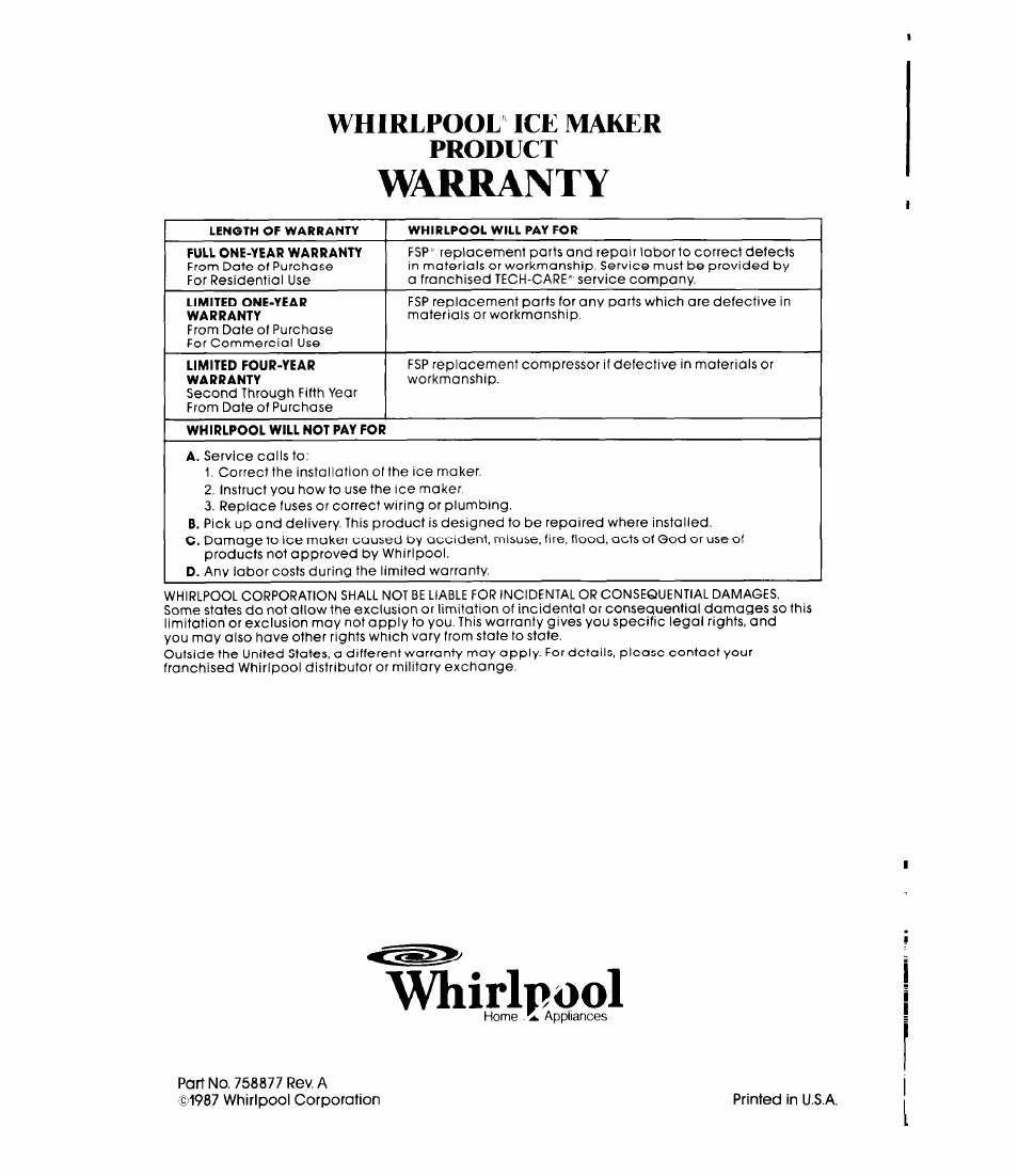 Whirlpool ice maker product, Warranty, Whirlpool | Whirlpool EC5100 User Manual | Page 12 / 12